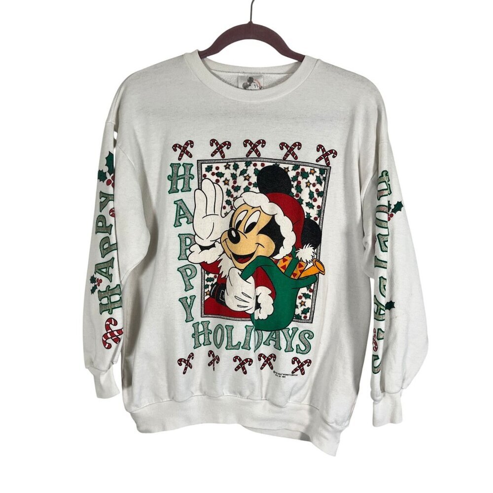 Vintage Christmas Disney Mickey Sweatshirt White M Retro Holiday Festive 90s